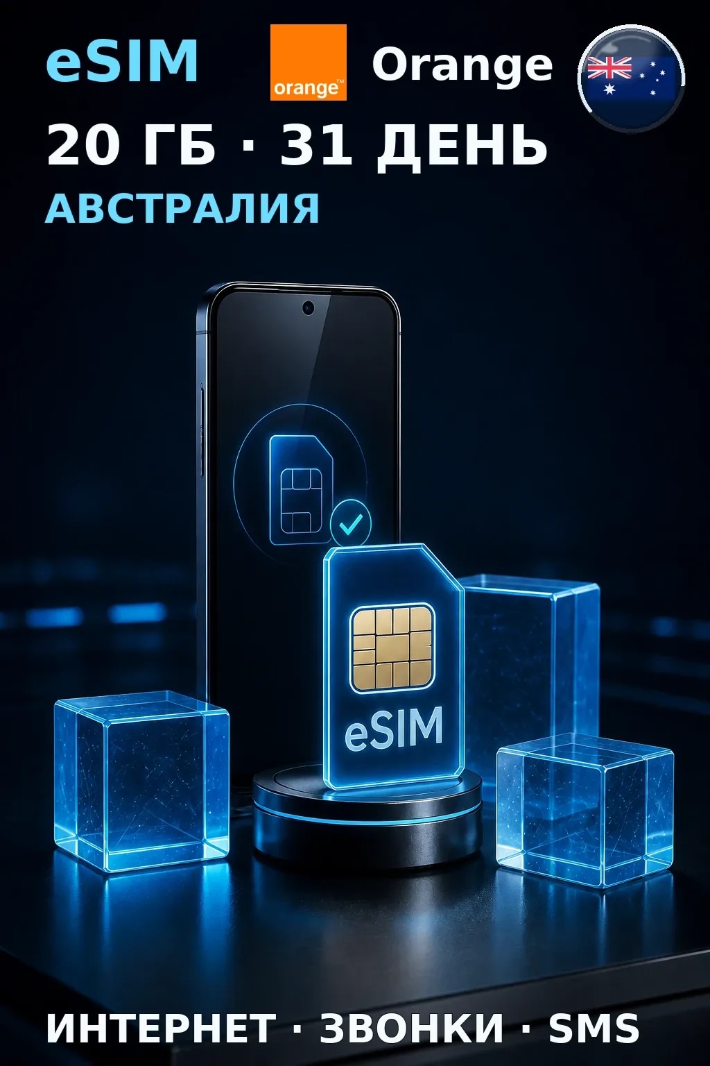 eSIM Австралия — 20 ГБ, 31 день — интернет, звонки и SMS