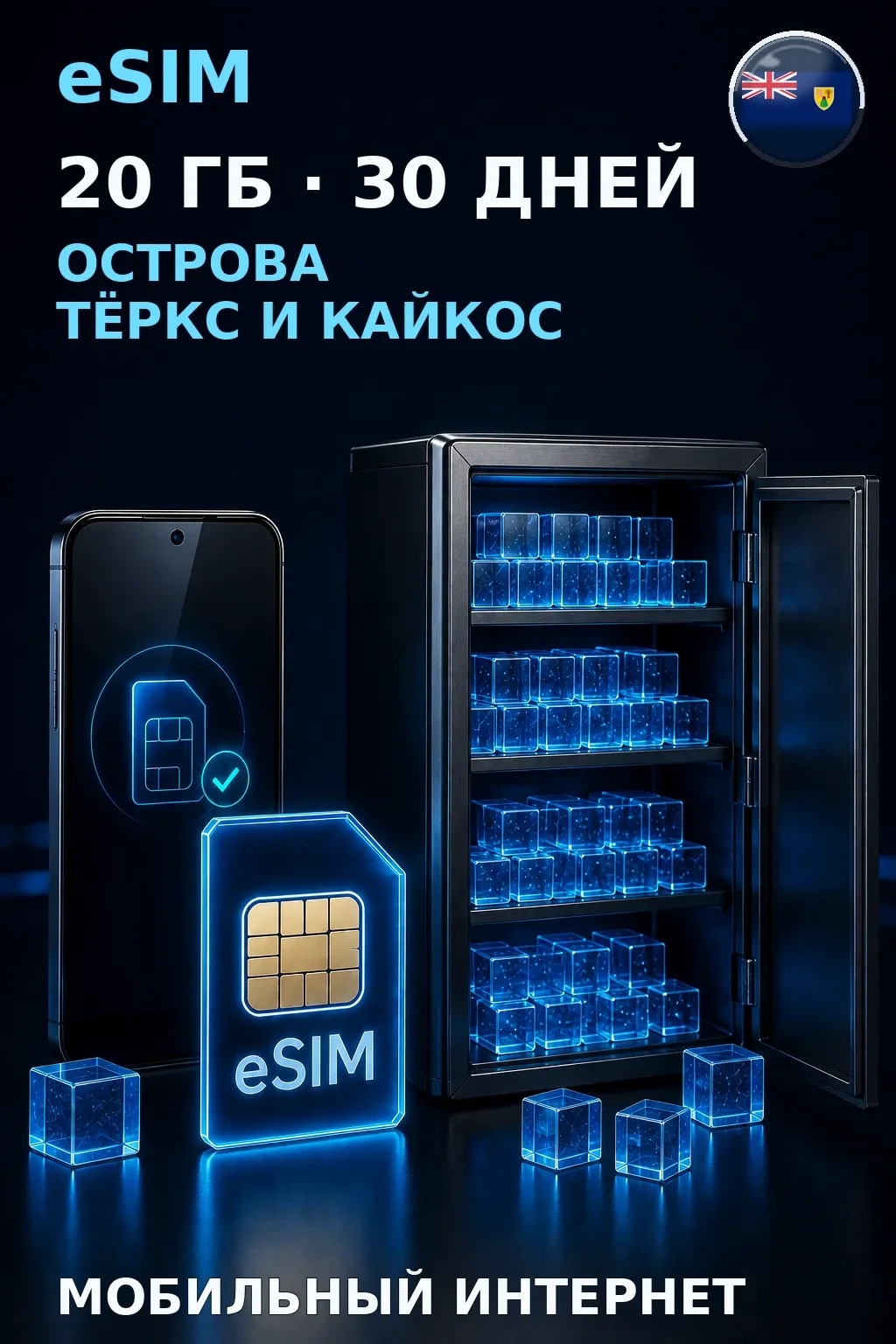 eSIM Острова Тёркс и Кайкос — 20 ГБ, 30 дней — интернет